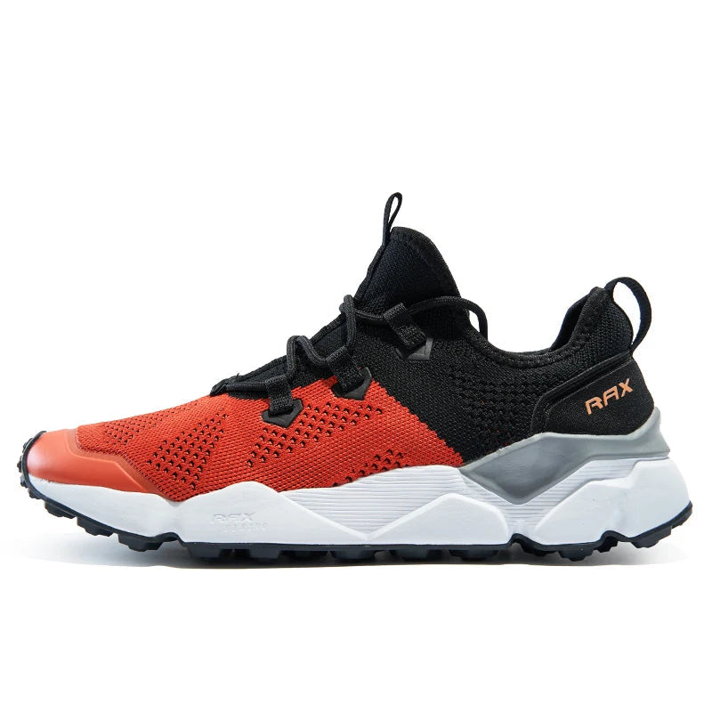 Red and black athletic shoe with 'RAX' branding on a white background